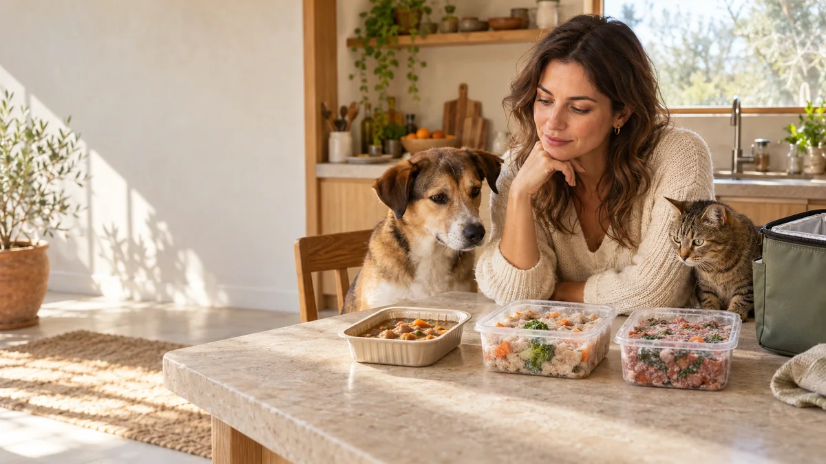Mujer con un perro y un gato observando varios recipientes de comida natural sobre la mesa