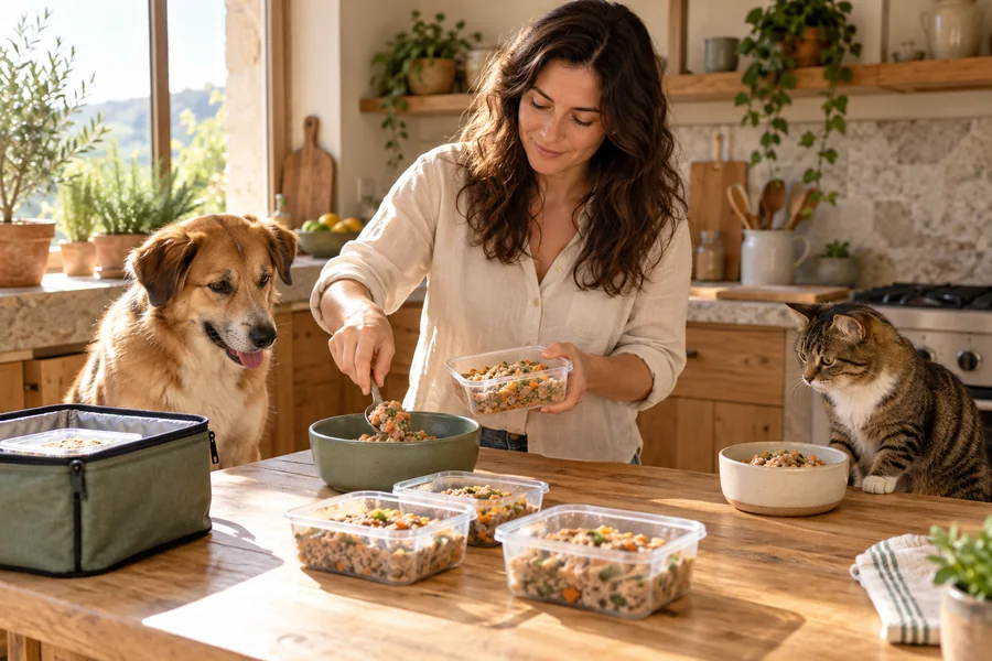 Mujer sirviendo raciones de comida natural en varios recipientes con un perro y un gato cerca