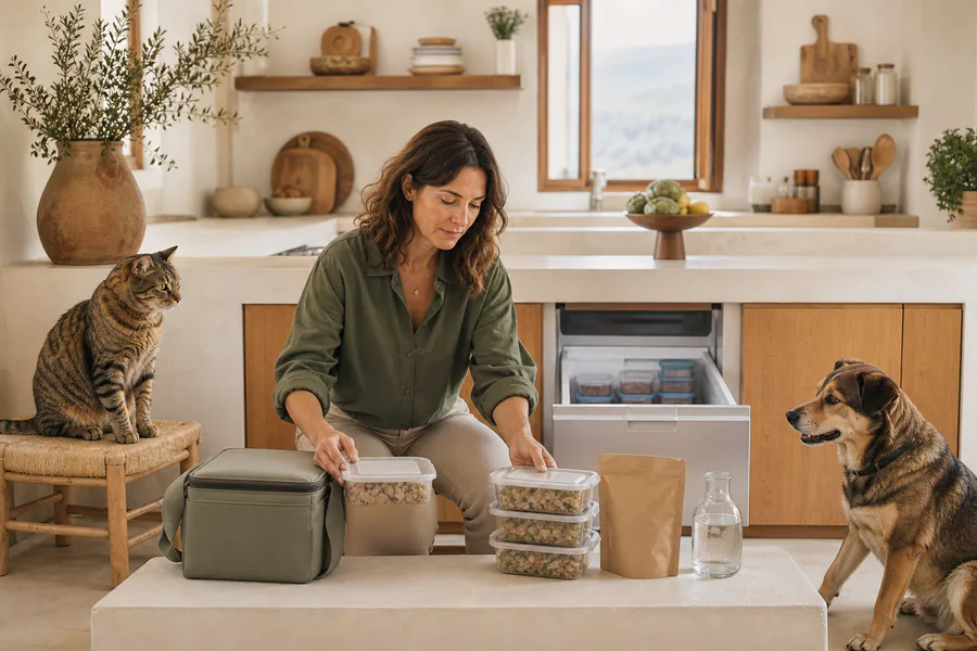 Cuidadora organizando comida para un perro y un gato en distintos formatos