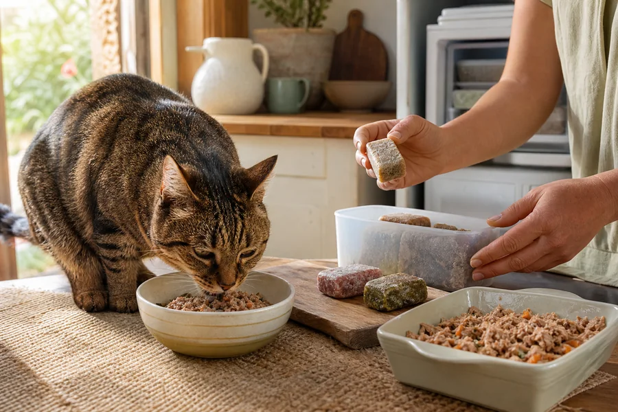 Gato comiendo de un plato junto a varios formatos de comida natural