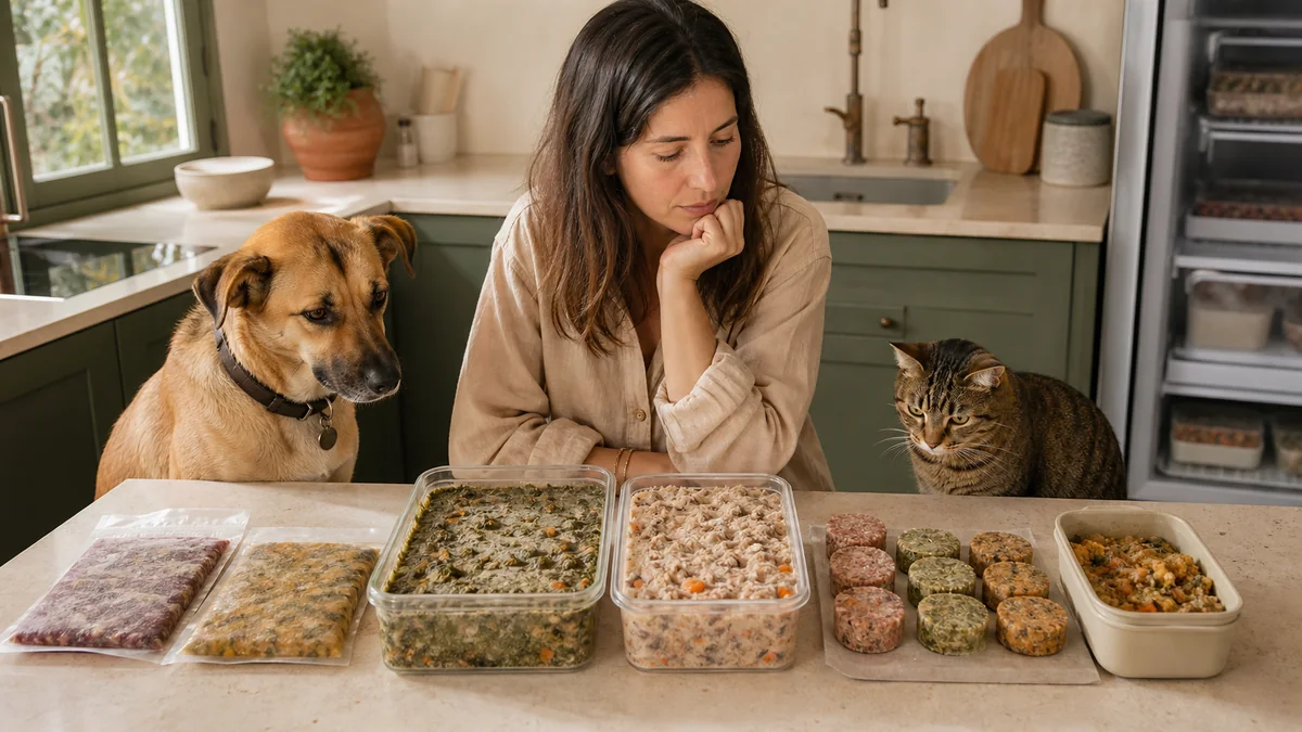 Perro y gato junto a varios formatos de comida natural congelada de distintas marcas