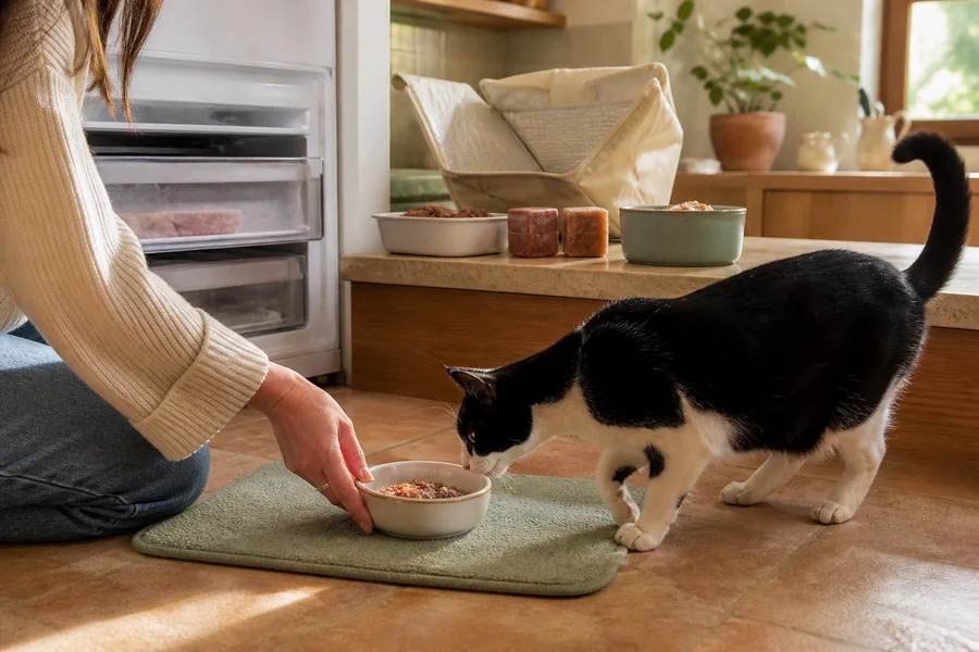 Gato comiendo de un plato junto a varios formatos de comida natural