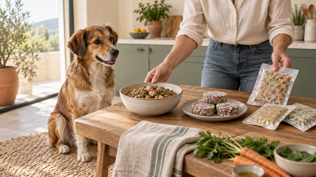 Perro junto a distintos formatos de comida natural mientras una persona compara opciones