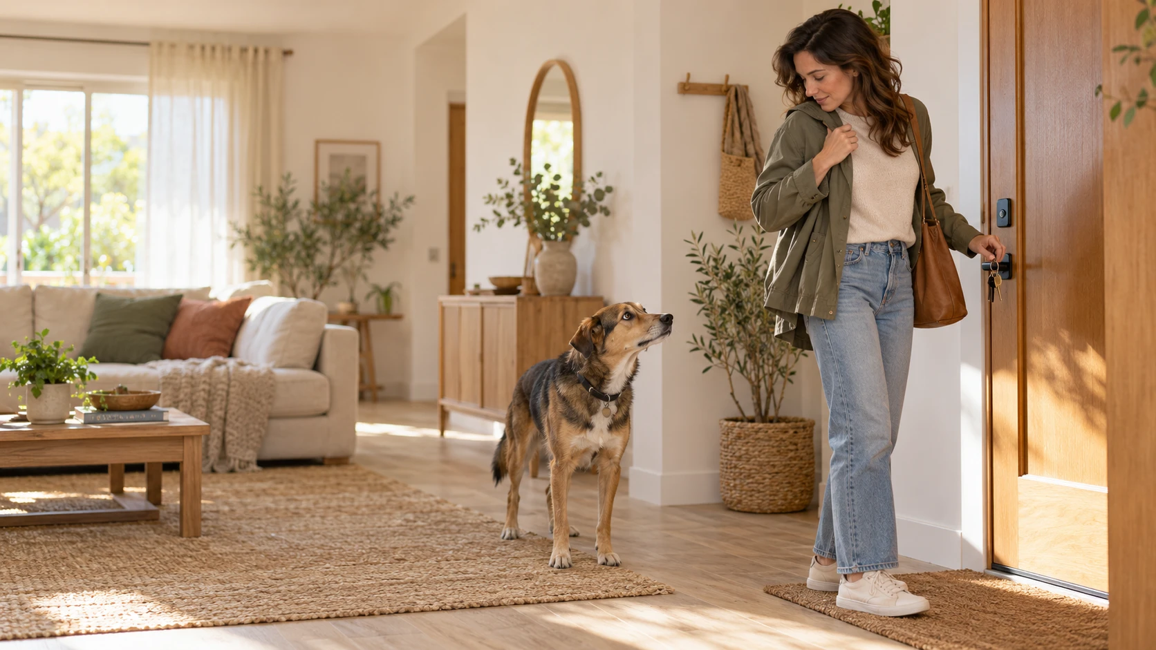 Mujer poniéndose el abrigo y cogiendo las llaves mientras su perro la observa con atención