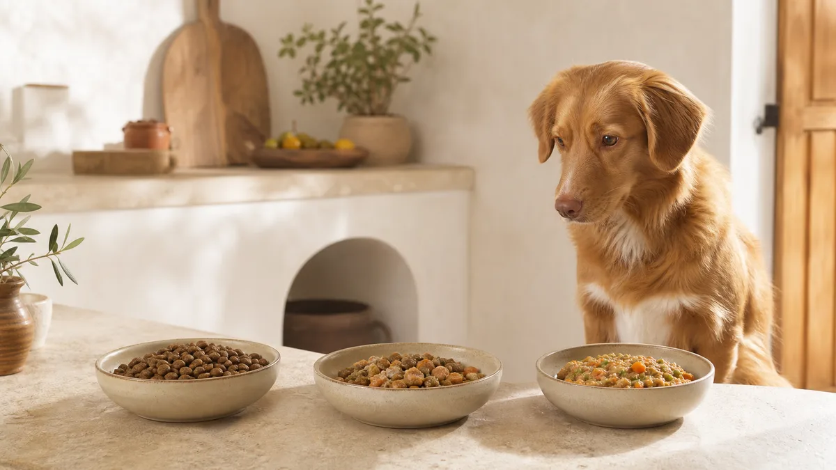 Dog in front of kibble, a transition mix and cooked natural food