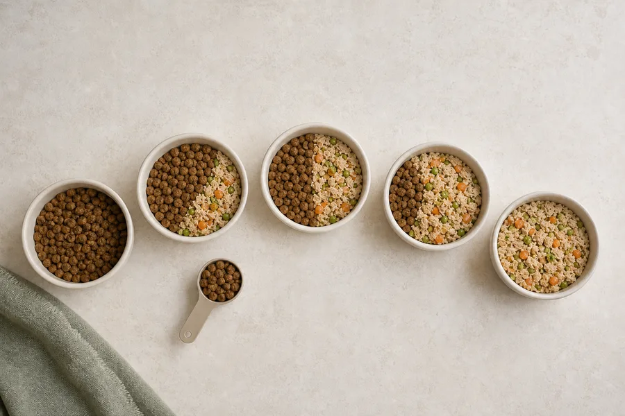 Gradual progression from kibble to natural food across five bowls