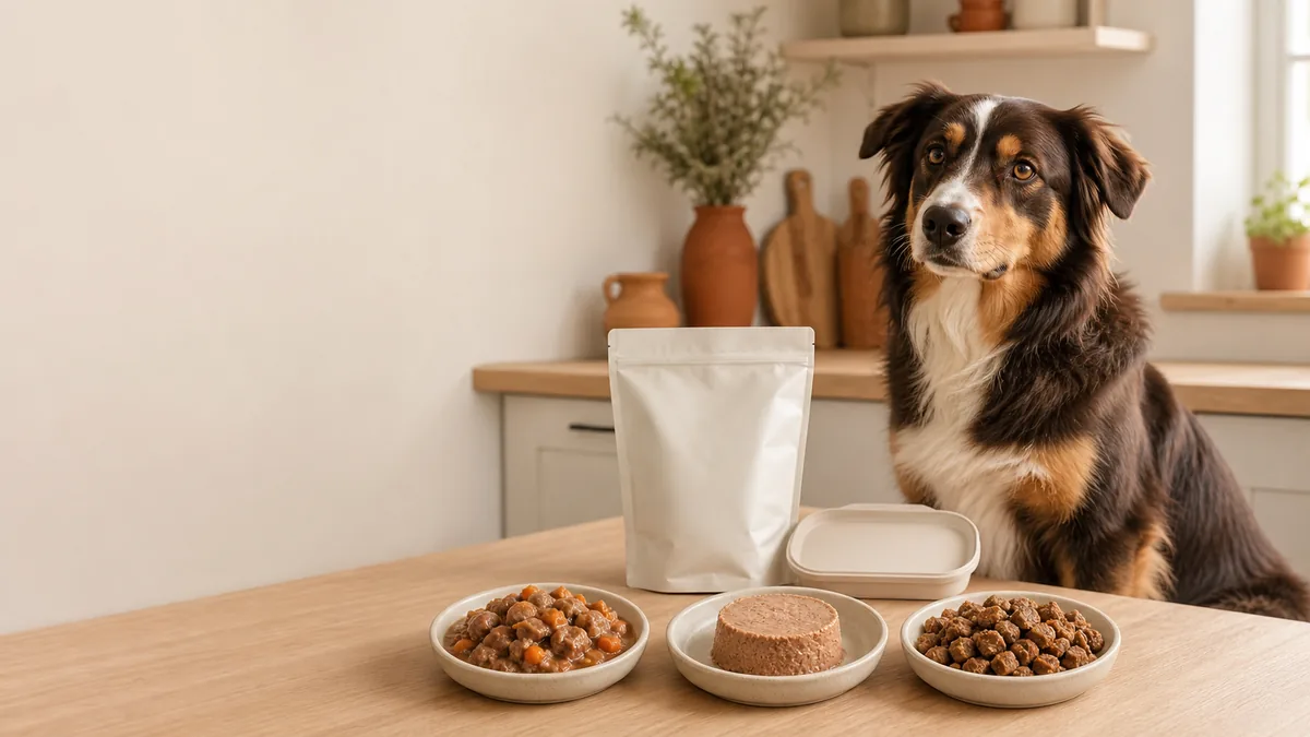 Perro junto a varios formatos de comida húmeda, cocinada y semihúmeda