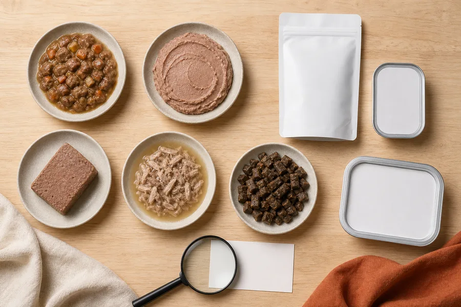 Comparación de estofado, mousse, paté, caldo y comida semihúmeda para perro