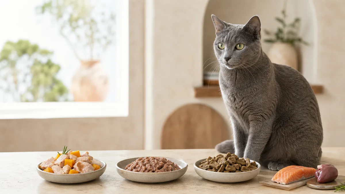 Gato junto a diferentes opciones de comida natural para gatos
