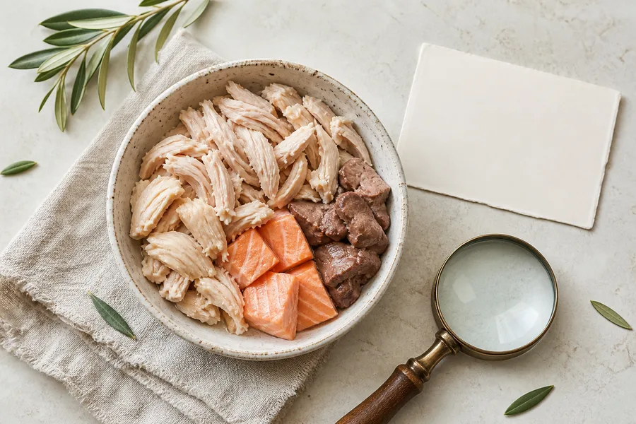 Ingredientes ricos en proteína animal para comida natural de gatos