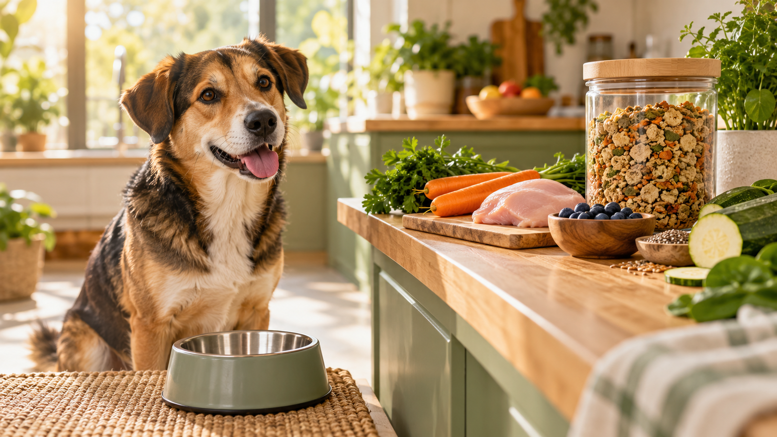 Perro esperando junto a su cuenco y alimentos naturales que no necesitan congelación