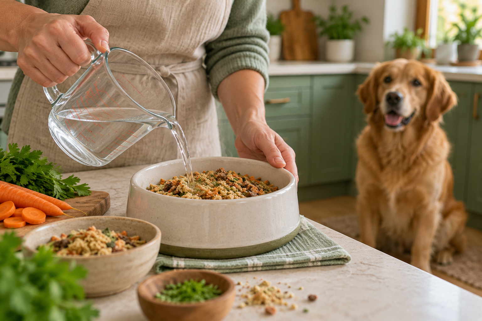 Preparación de comida natural deshidratada para perro añadiendo agua tibia