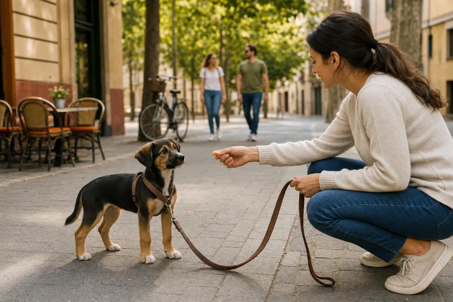 Cachorro aprendiendo a pasear y observar el entorno con una correa floja