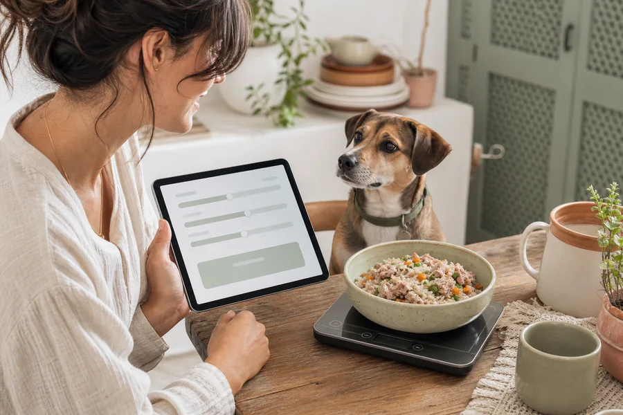 Persona usando una calculadora de ración de comida para perros en una tablet