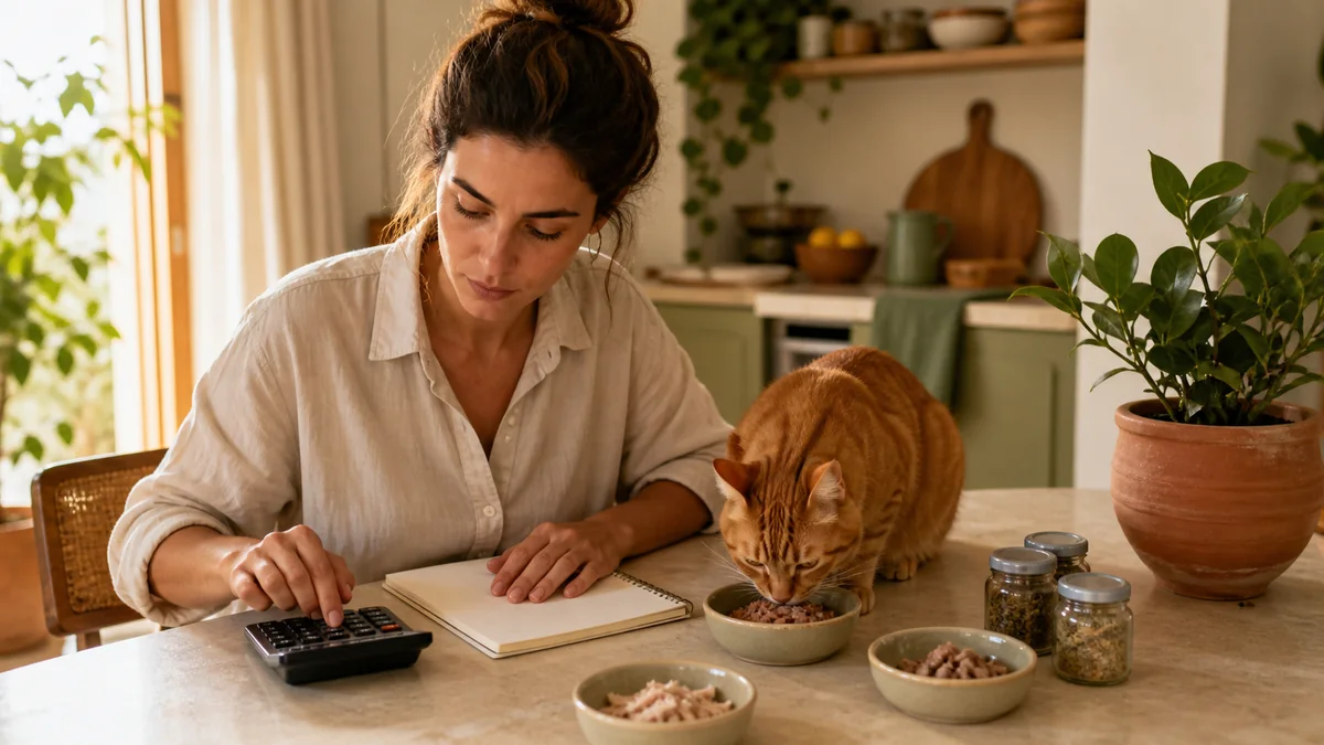 Gato comiendo de un plato con varios formatos de comida natural de fondo