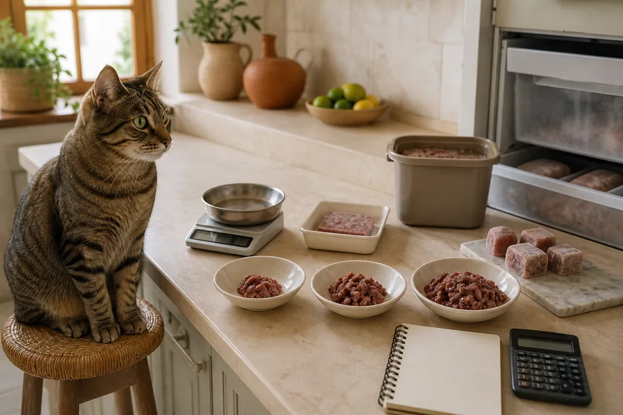 Gato junto a una báscula de cocina y varios envases de comida natural