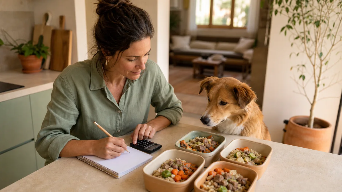 Cuidadora calculando el coste mensual de varias raciones de comida natural para su perro