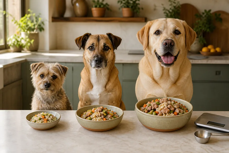 Tres perros de tamaños distintos ante raciones proporcionales de comida natural