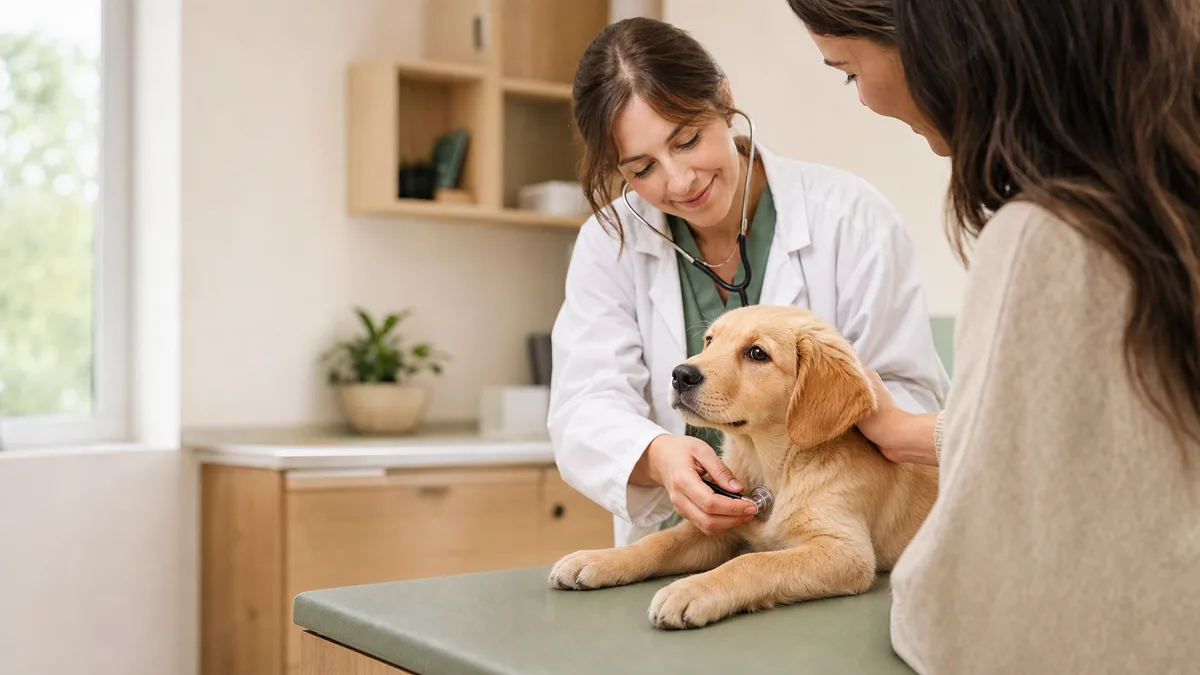 Veterinaria realizando una revisión preventiva a un cachorro