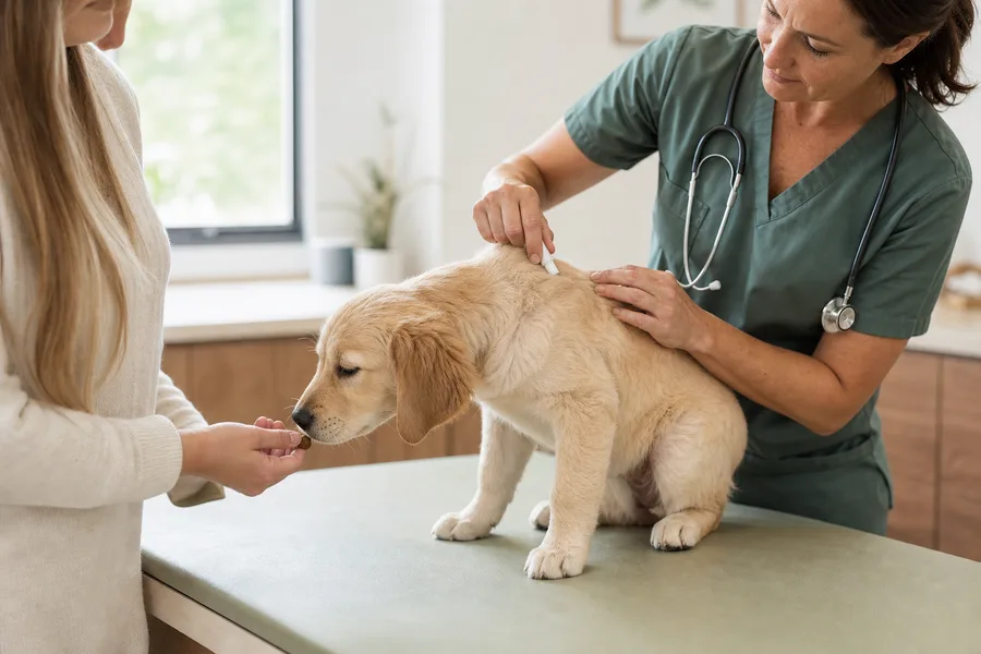 Veterinaria aplicando prevención externa de parásitos a un cachorro