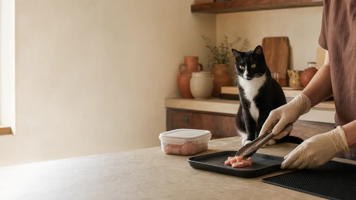 Persona con guantes manipulando con pinzas trozos de carne cruda sobre una bandeja, con un gato observando desde la encimera