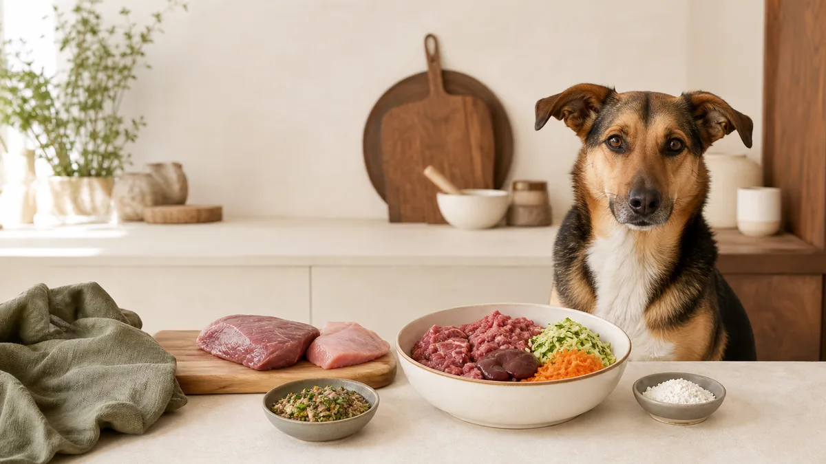 Dog next to a balanced BARF diet ration prepared at home