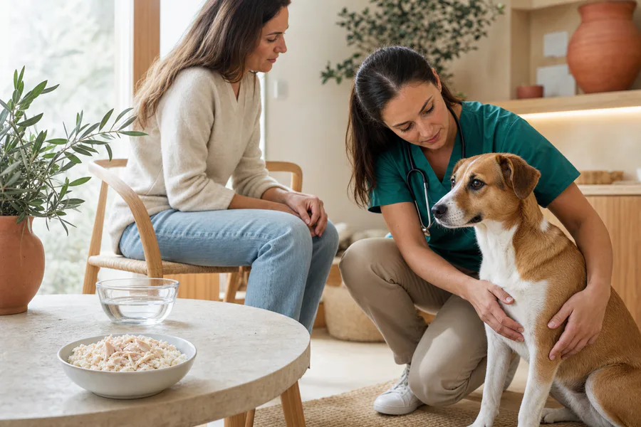 Veterinaria explorando a un perro mientras su cuidadora observa, con un cuenco de arroz con pollo sobre la mesa