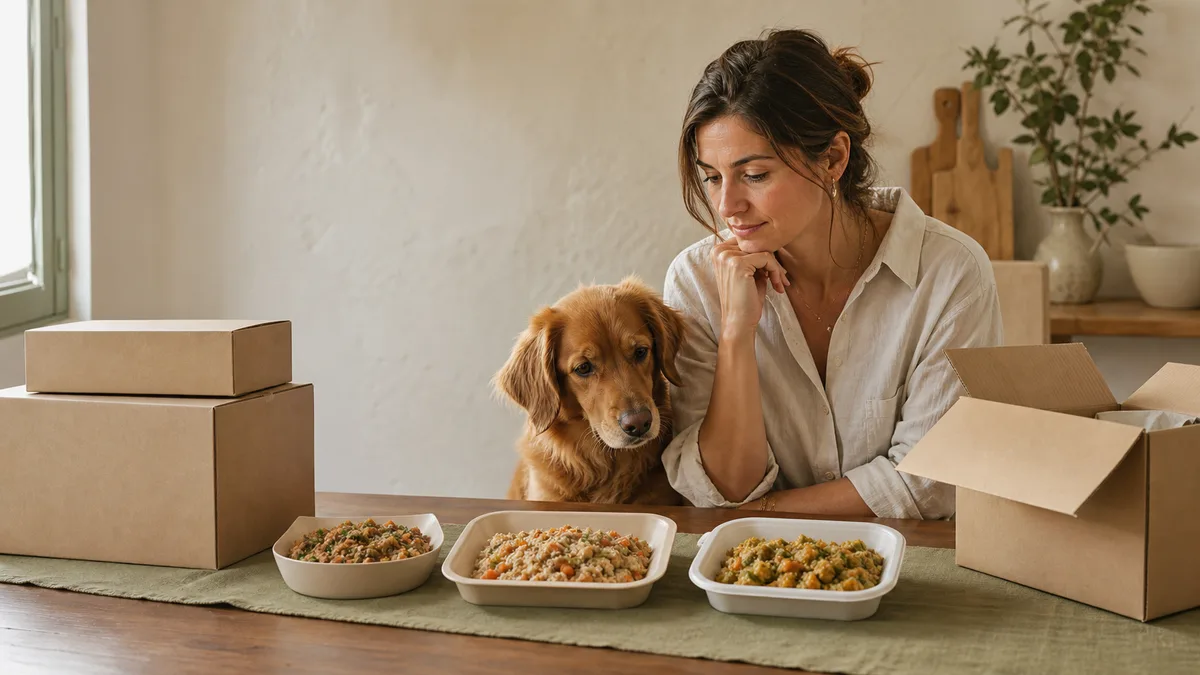 Persona comparando varias opciones de comida cocinada para su perro
