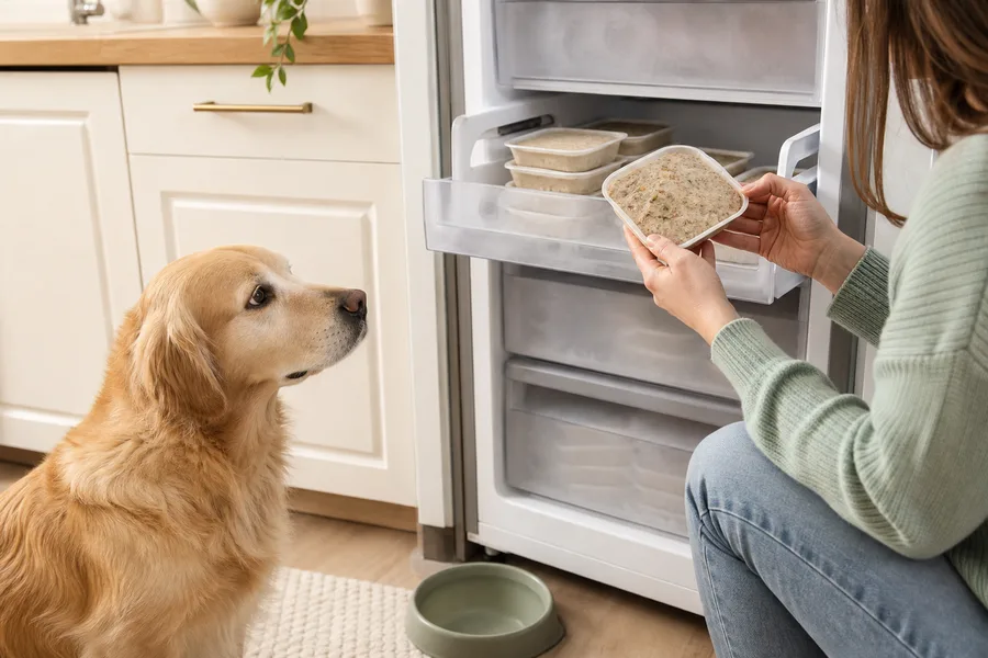 Raciones congeladas de comida cocinada para perros guardadas en casa