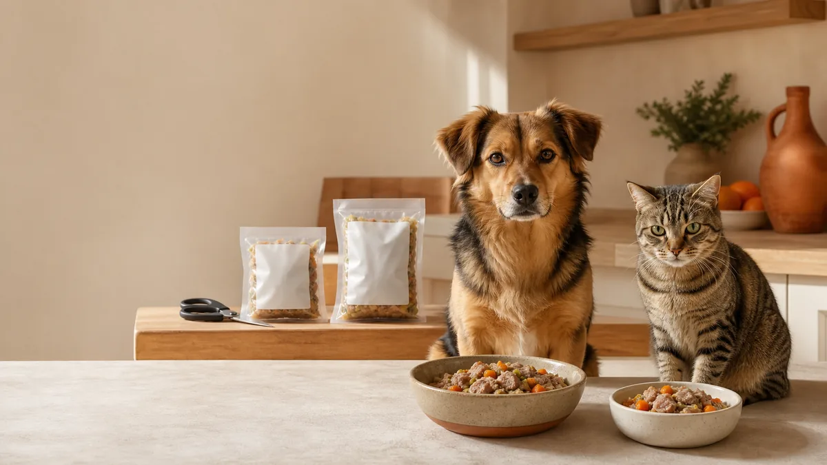 Perro y gato junto a raciones de comida cocinada envasadas al vacío