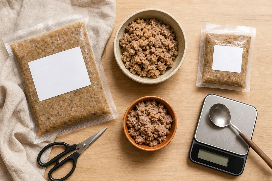 Porciones medidas de comida cocinada para perro y gato