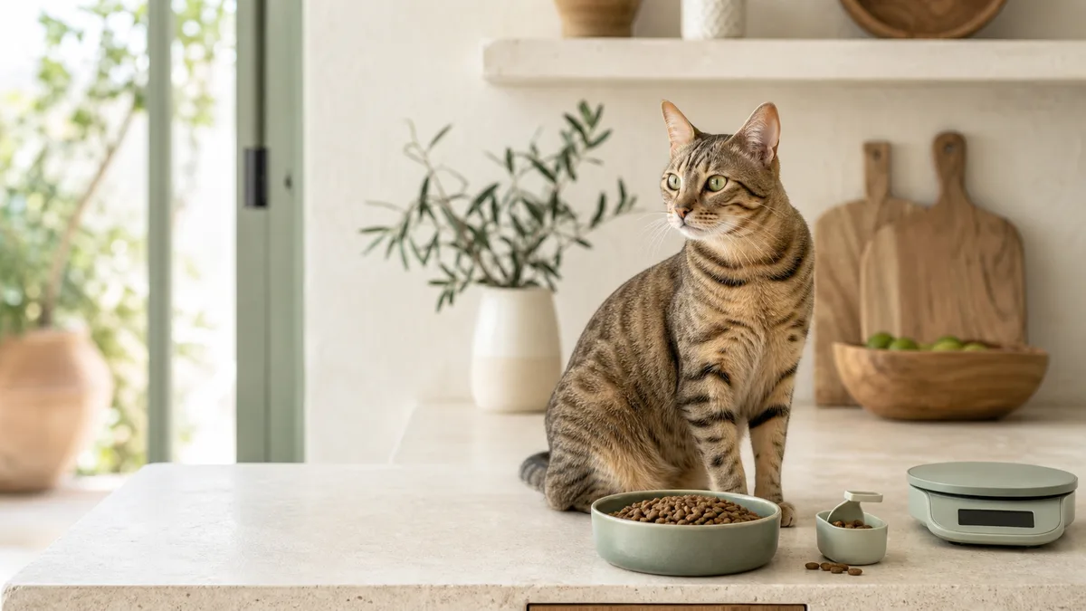Gato esterilizado con una ración medida de alimento y una báscula