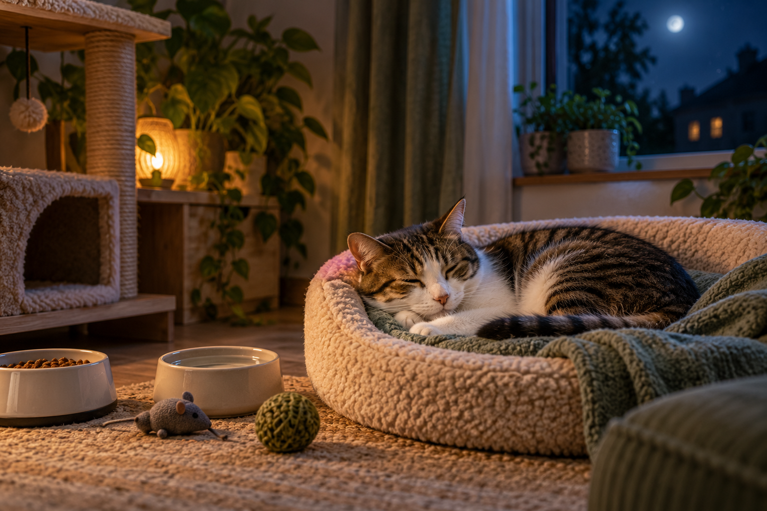 Gato descansando tranquilo por la noche con agua y comida disponibles