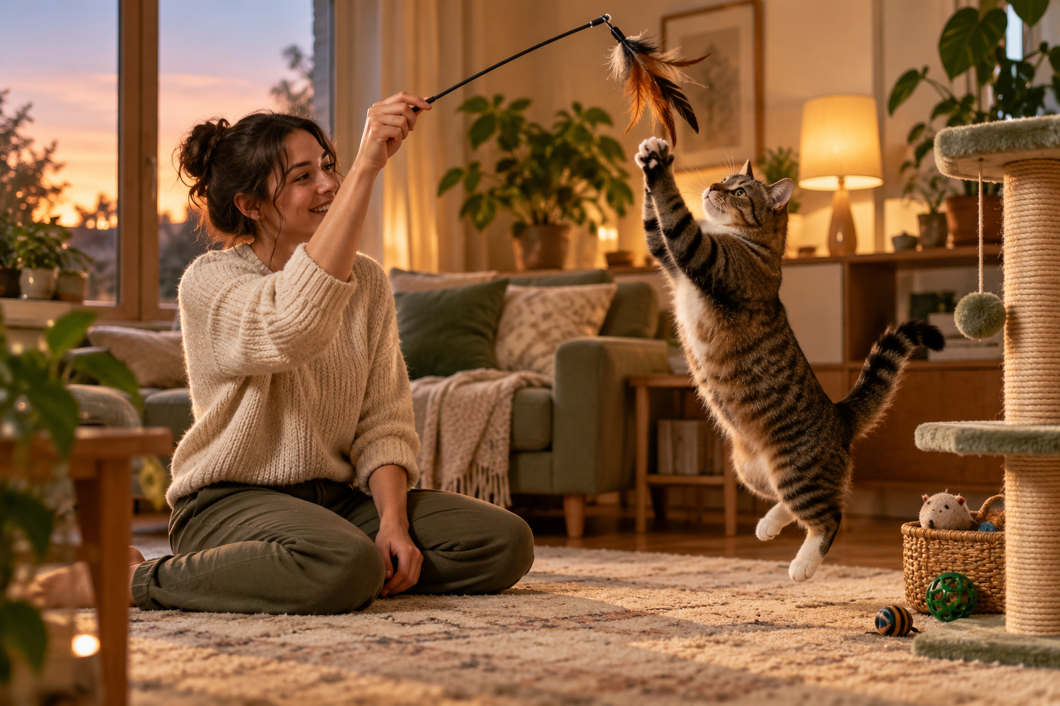 Cuidadora jugando con su gato al atardecer antes de la rutina nocturna