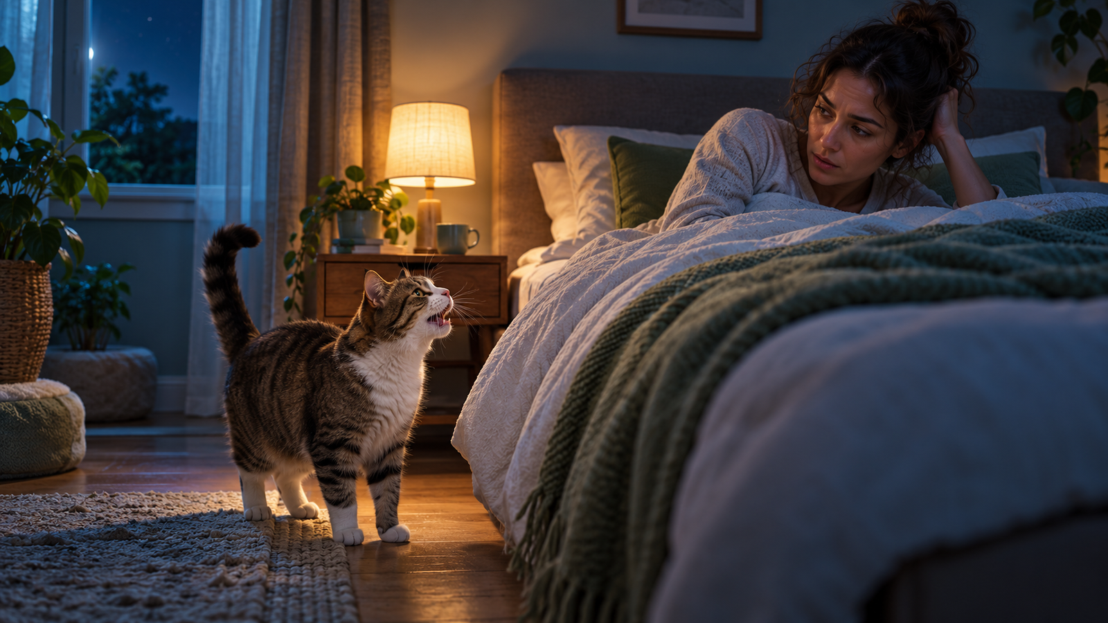 Gato maullando junto a la cama durante la noche mientras su cuidadora lo observa