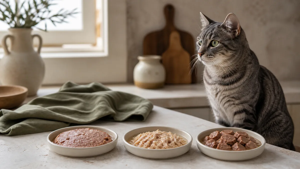 Gato comparando tres texturas de comida húmeda