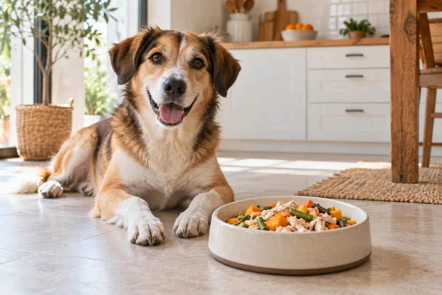 Perro junto a un cuenco de comida natural cocinada con carne y verduras