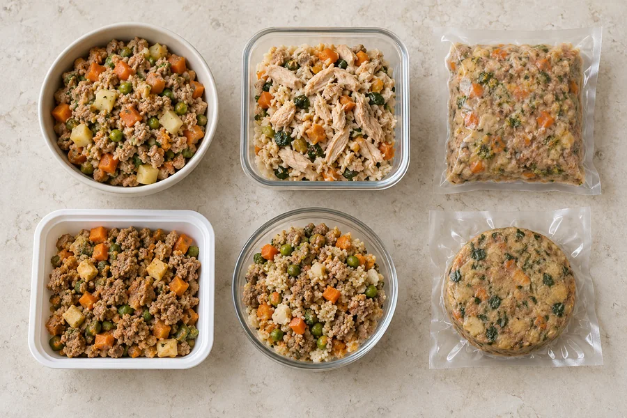Seis formatos sin marca de comida natural cocinada para perros dispuestos para comparar