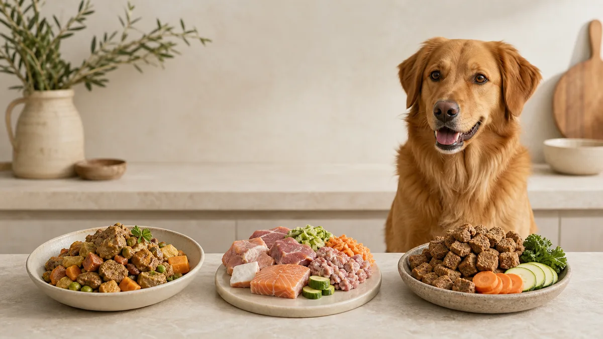 Perro junto a comida cocinada, dieta BARF y comida deshidratada