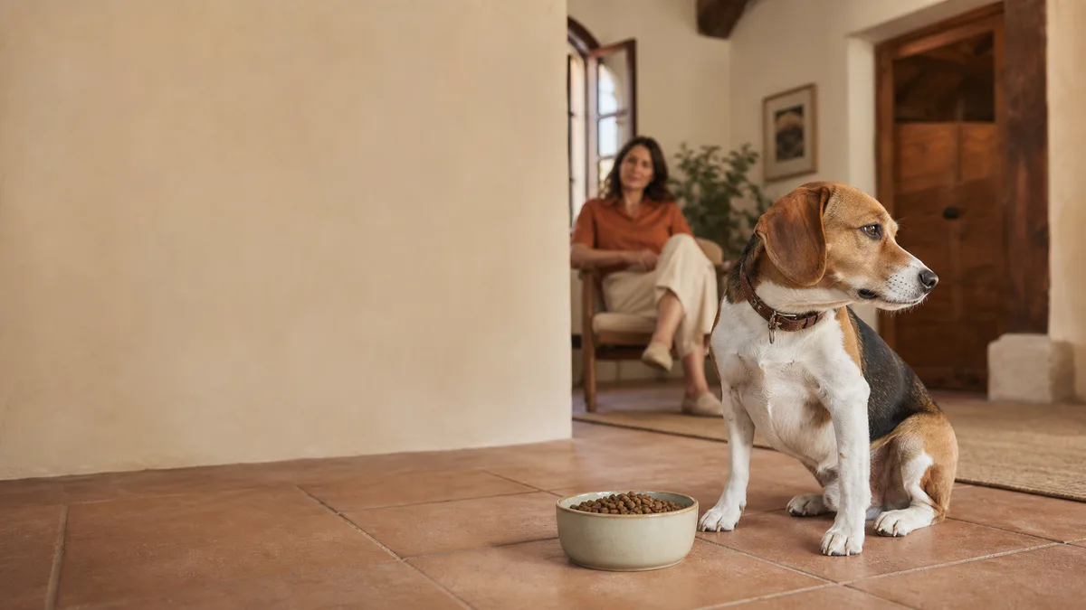 Beagle sentado junto a un cuenco de pienso lleno, girando la cabeza hacia otro lado, con su cuidadora al fondo