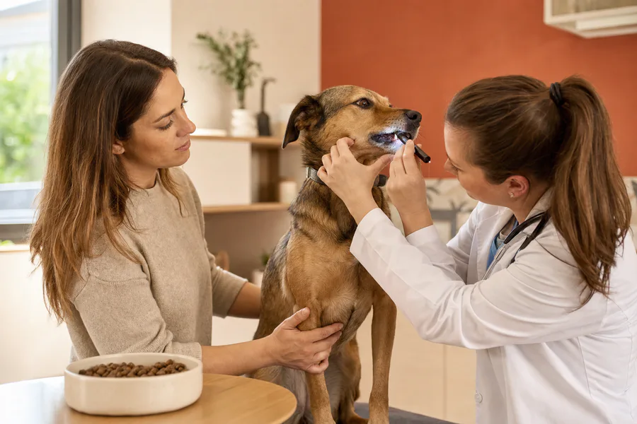 Veterinaria revisando la boca y los dientes de un perro con una linterna mientras su cuidadora lo sujeta