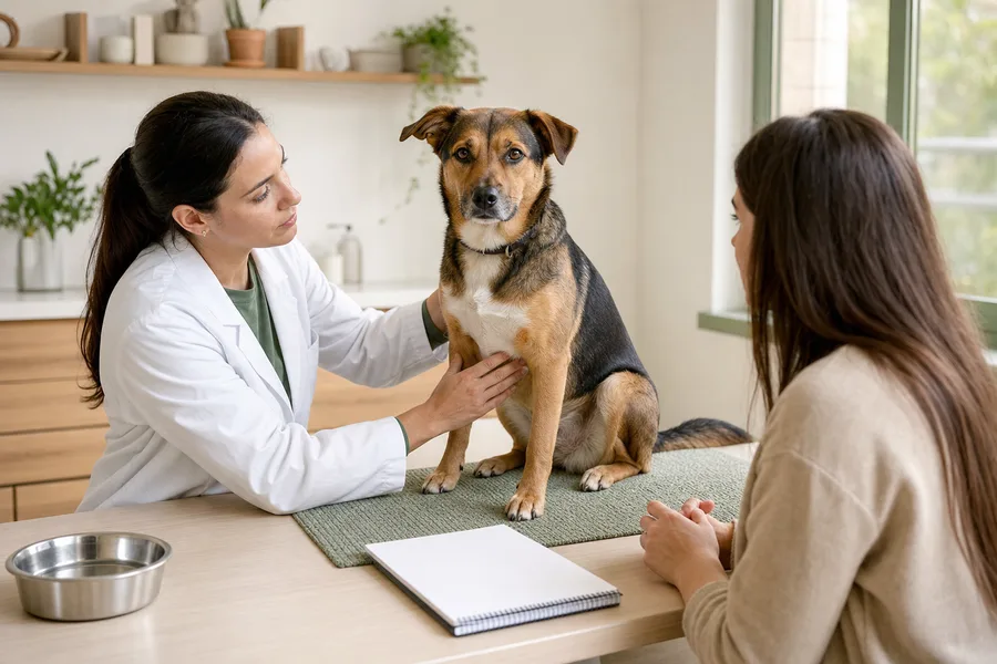 Veterinaria revisando a un perro con molestias digestivas