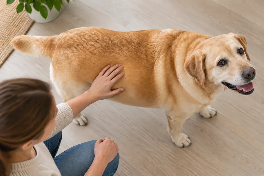 Cuidadora observando la cintura y palpando las costillas de un perro con sobrepeso desde arriba