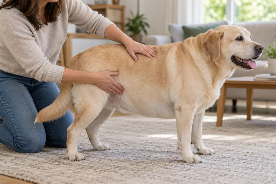 Cuidadora comprobando suavemente la condición corporal de un perro con sobrepeso
