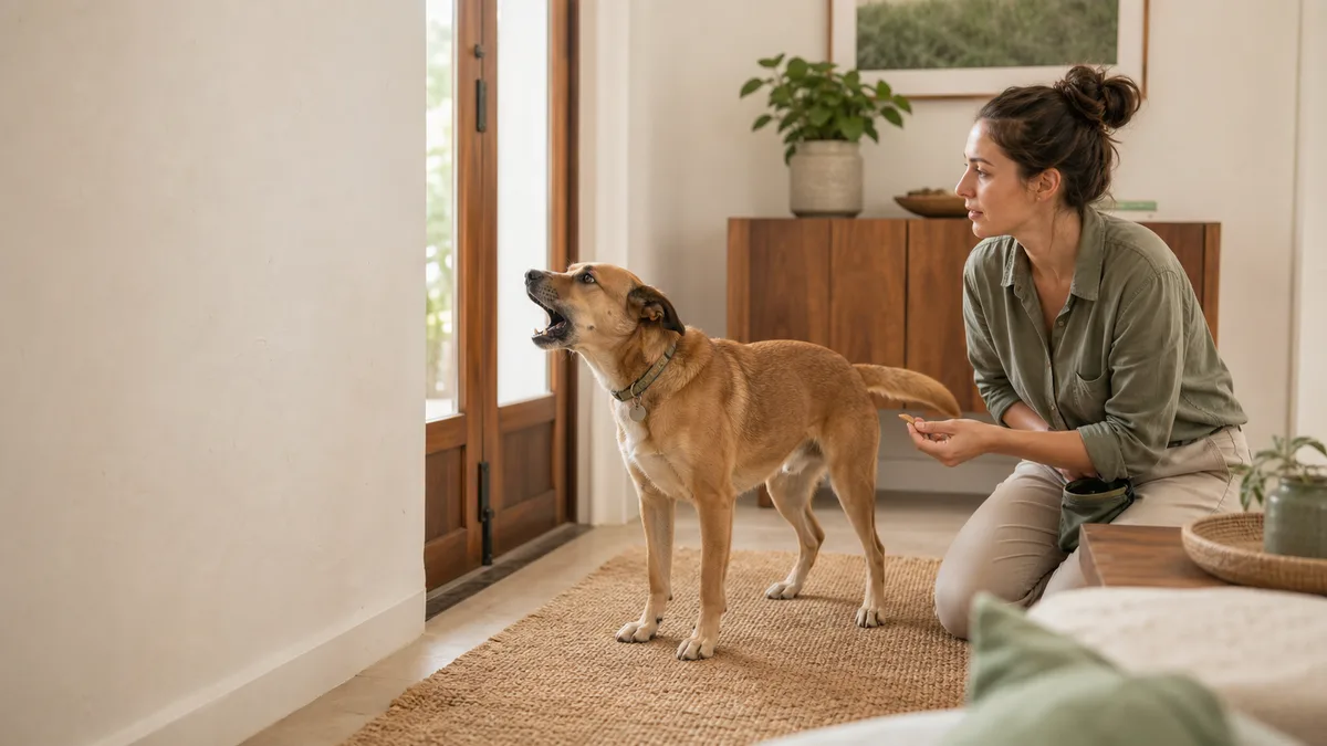 Perro ladrando hacia la puerta mientras su cuidadora espera para redirigirlo