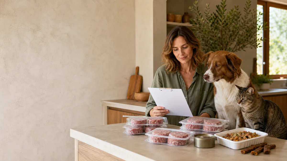 Perro, gato y cuidadora revisando una selección de comida natural congelada