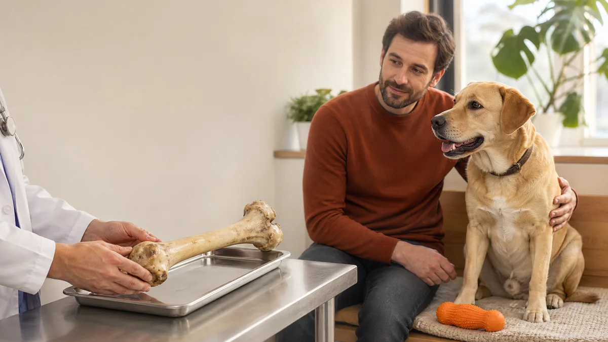 Veterinaria sosteniendo un hueso grande de vacuno sobre una bandeja metálica, con un labrador y su cuidador enfrente