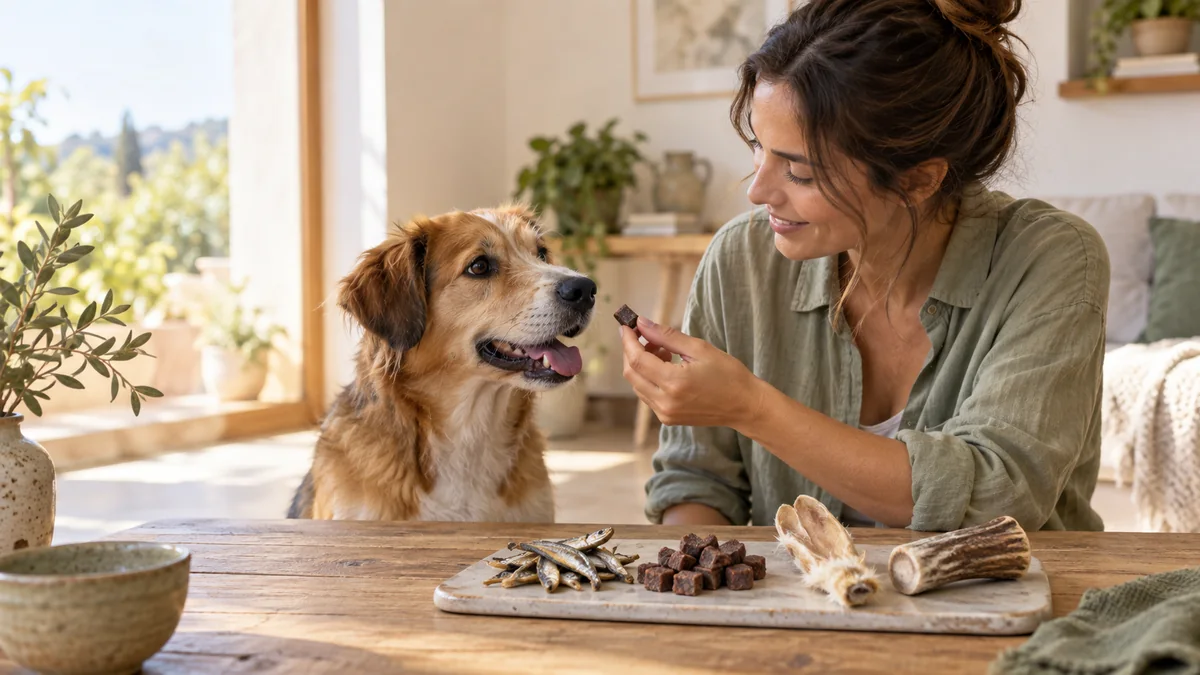 Cuidadora ofreciendo un premio natural a su perro junto a una selección de snacks de ingrediente único