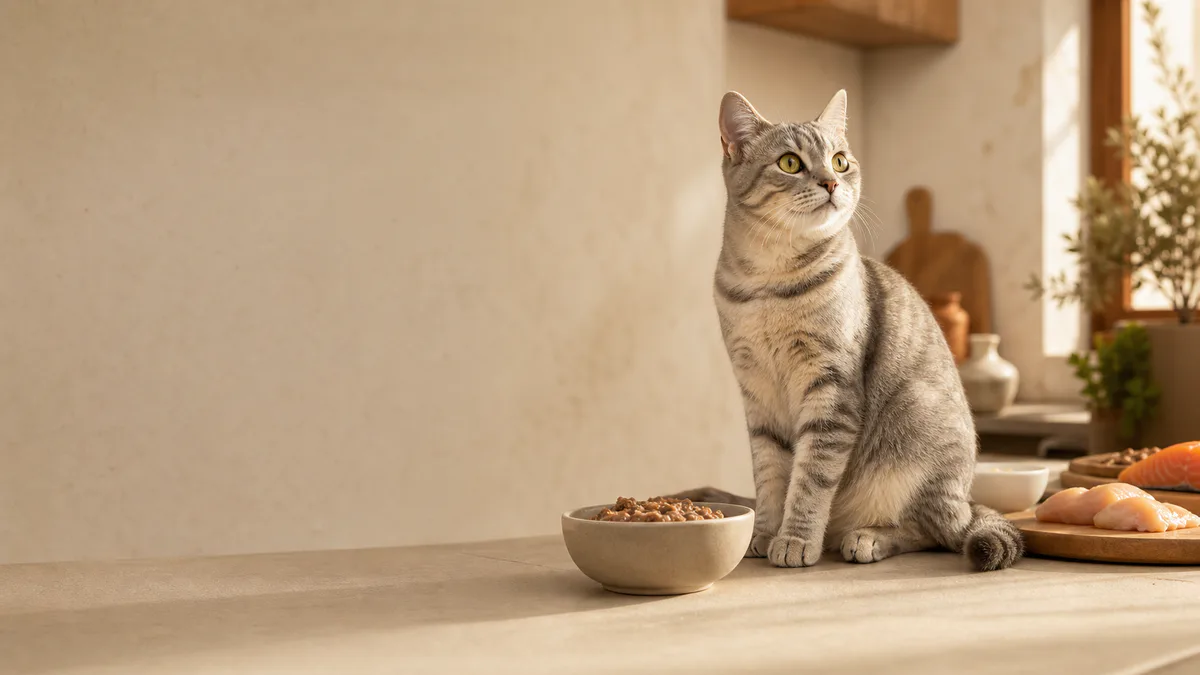 Gato atigrado sentado en una encimera junto a un cuenco de comida húmeda, con pollo y salmón crudos al fondo